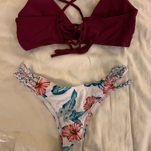 Burgundy Floral Bikini- Medium